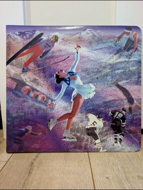 Vintage Sports Montage Wall Art - Figure Skater & Skiers in Purple Blue